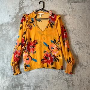 Hutch Anthropologie Yellow Floral Boho Sheer Blouse Ruffle VNeck Poet Sleeves XS